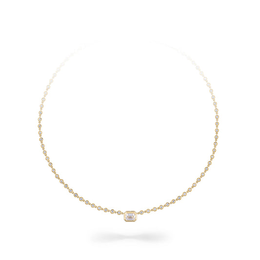 Yellow Gold Moissanite Emerald Cut Pendant with Bezel Chain