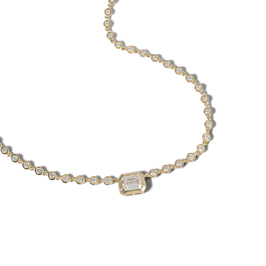 Yellow Gold Moissanite Emerald Cut Pendant with Bezel Chain