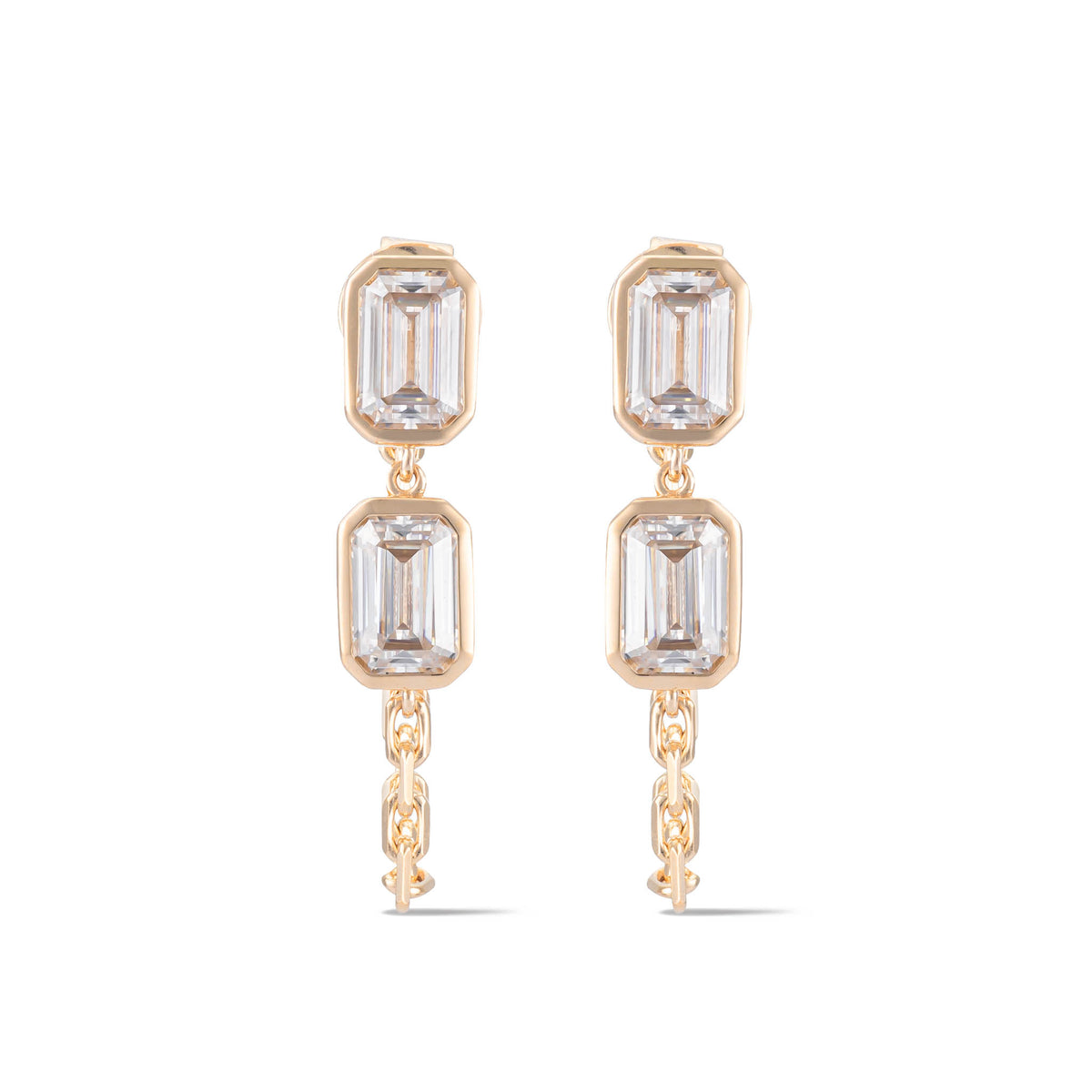 Yellow Gold Moissanite Double Emerald Chain Earrings