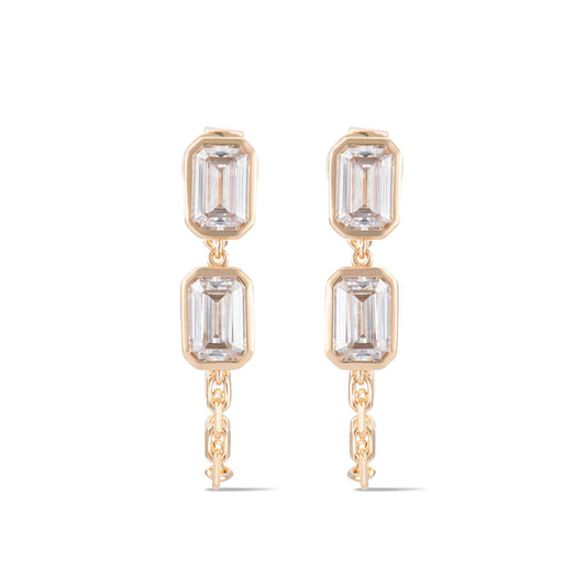 Yellow Gold Moissanite Double Emerald Chain Earrings