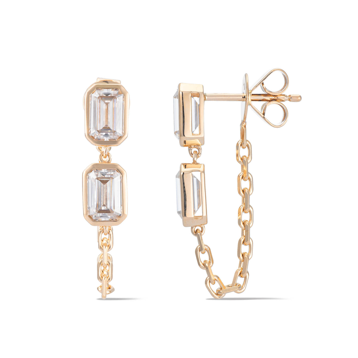 Yellow Gold Moissanite Double Emerald Chain Earrings