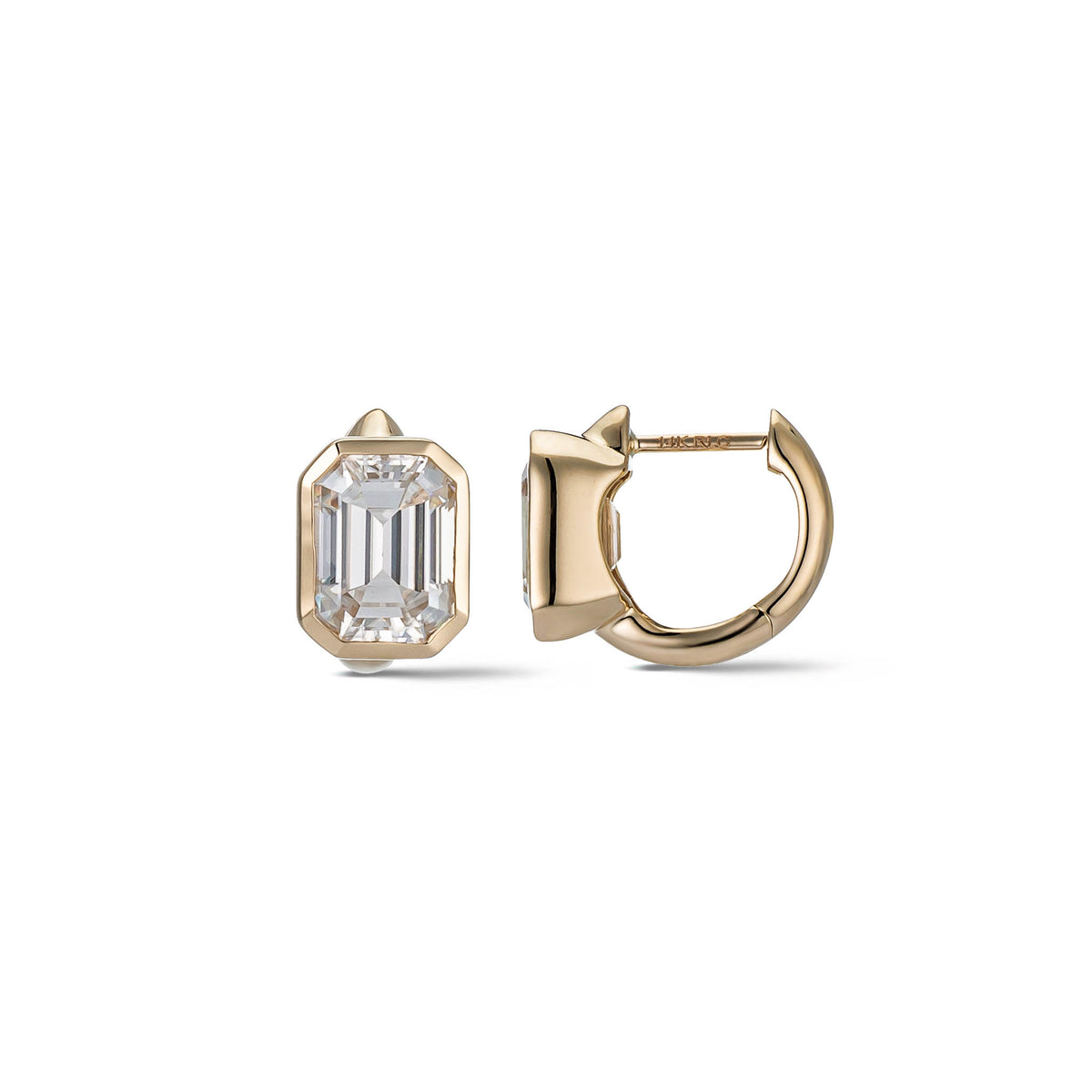 Yellow Gold Moissanite Emerald Cut Hoop Earrings 3cts