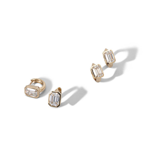 Yellow Gold Moissanite Emerald Cut Hoop Earrings 3cts
