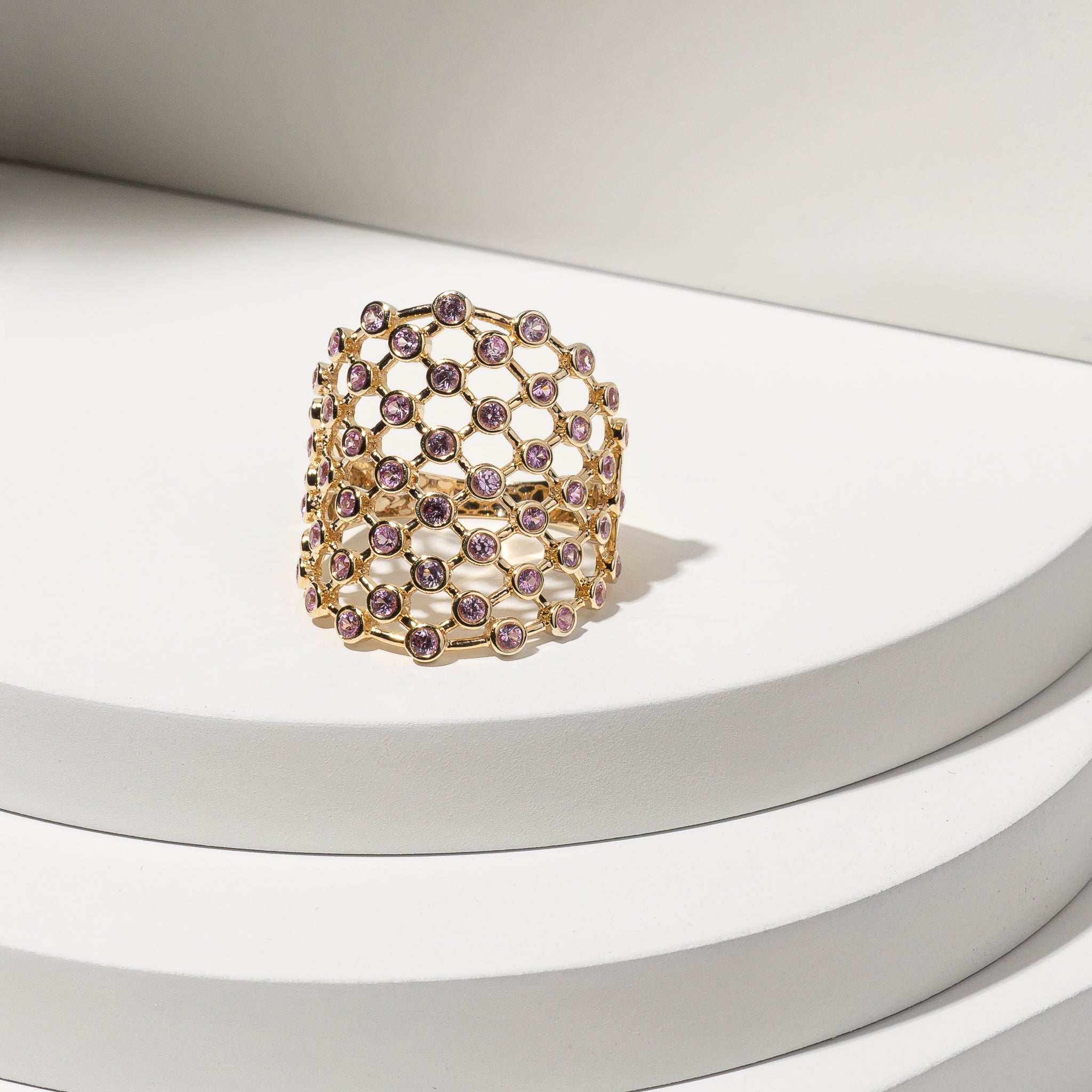 14 Karat Yellow Gold Diamond Bezel Set Pink Sapphire Ring