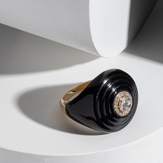 14 Karat Yellow Gold Diamond and Onyx Art Deco Cocktail Ring