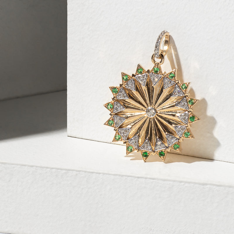 Yellow Gold Diamond and Emerald Fluted Coin Pendant