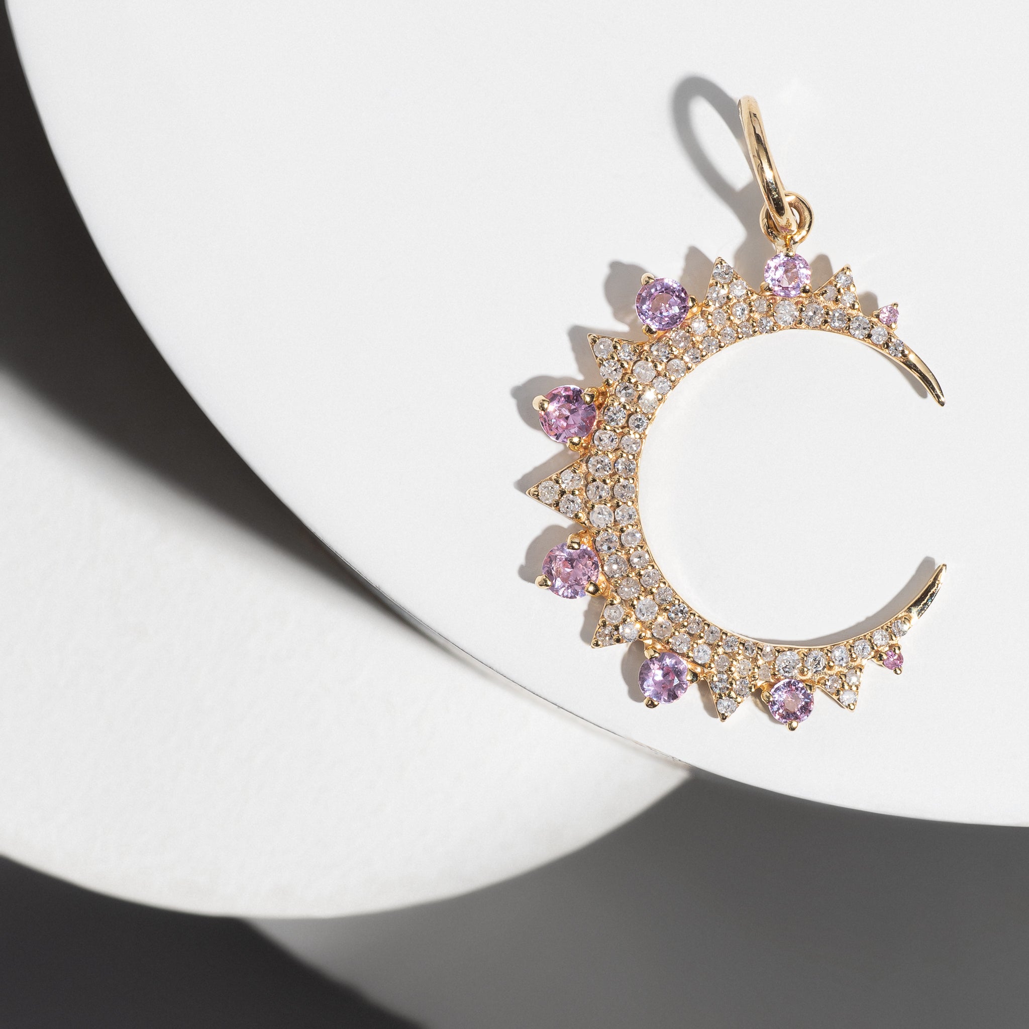 Yellow Gold Diamond and Pink Sapphire Medium Moon