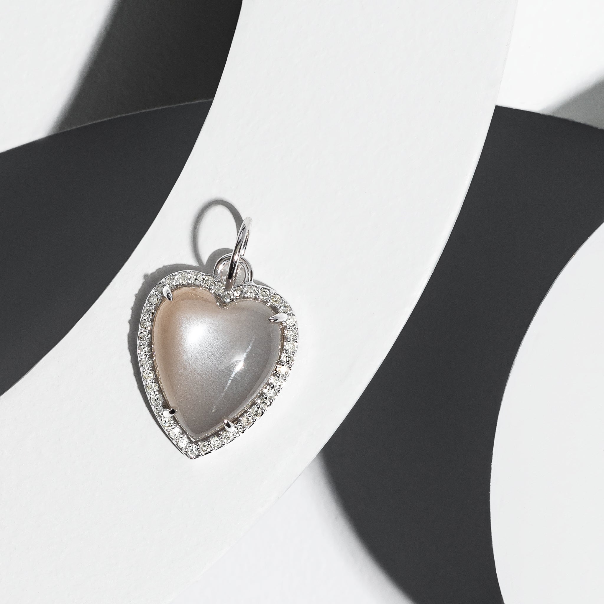 White Gold Diamond and Grey Moonstone Chubby Heart Charm