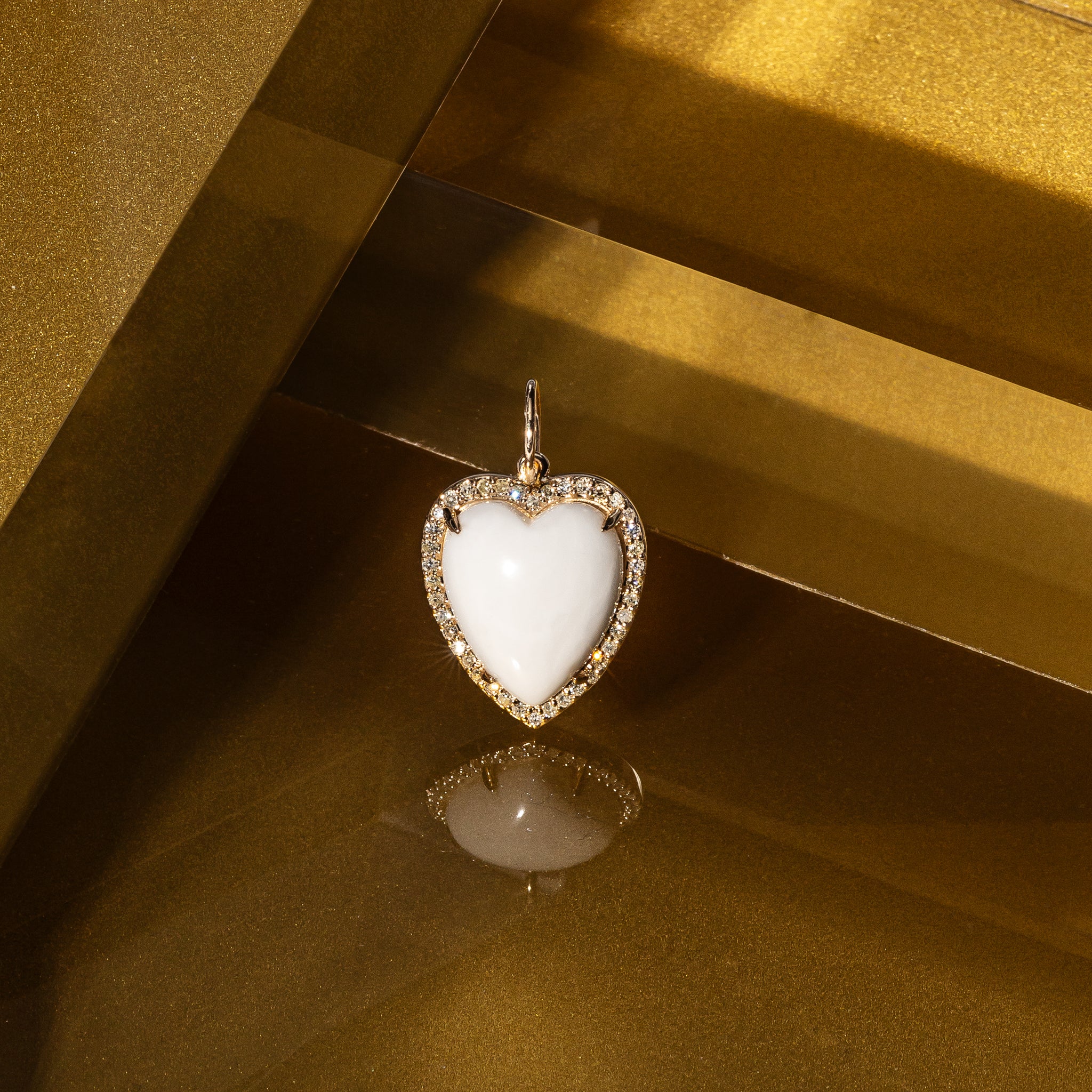 Yellow Gold Diamond and White Agate Chubby Heart Charm