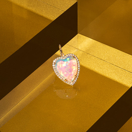 Yellow Gold Diamond and Fire Opal Chubby Heart Charm