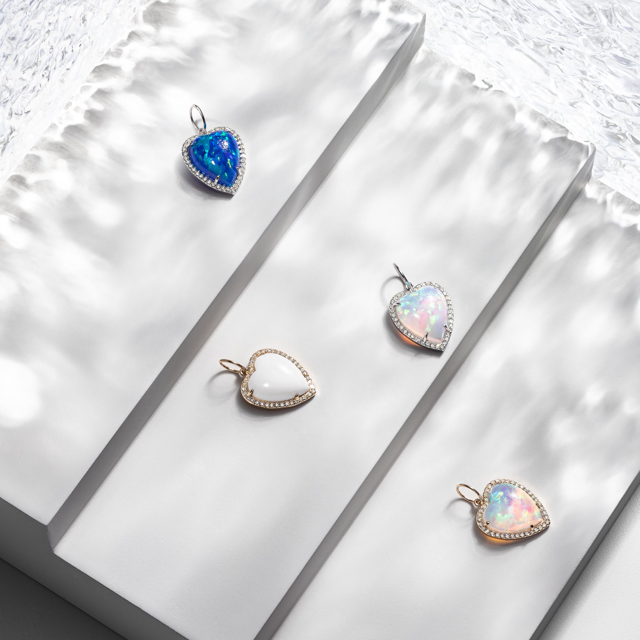 White Gold Diamond and Blue Fire Opal Chubby Heart Charm