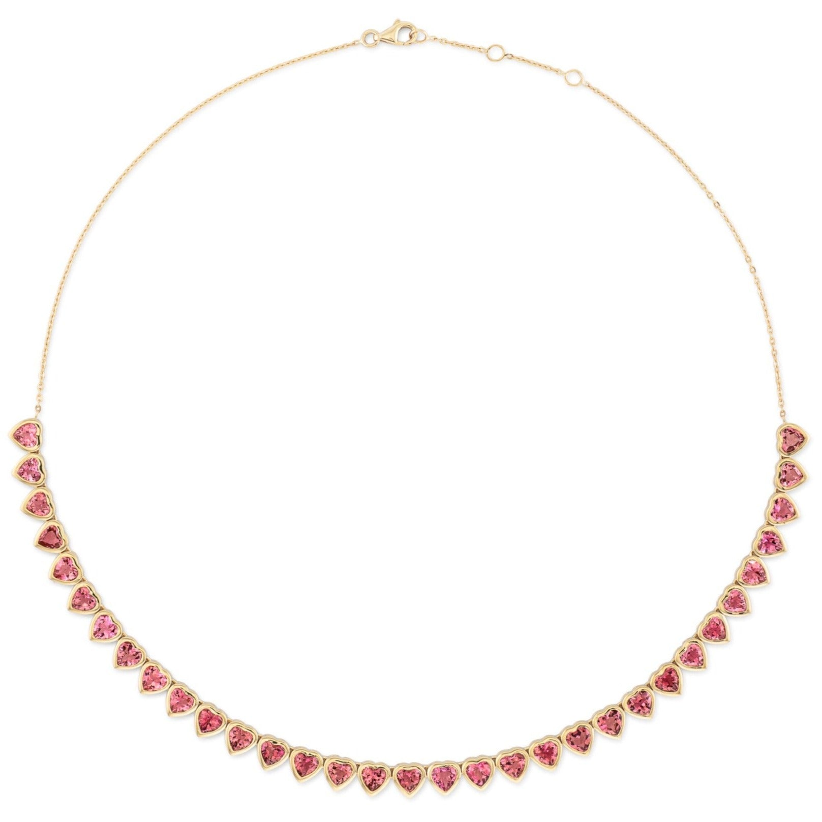 18 Karat Yellow Gold Adjustable Pink Tourmaline Heart Tennis Necklace 10.00cts 16.00"
