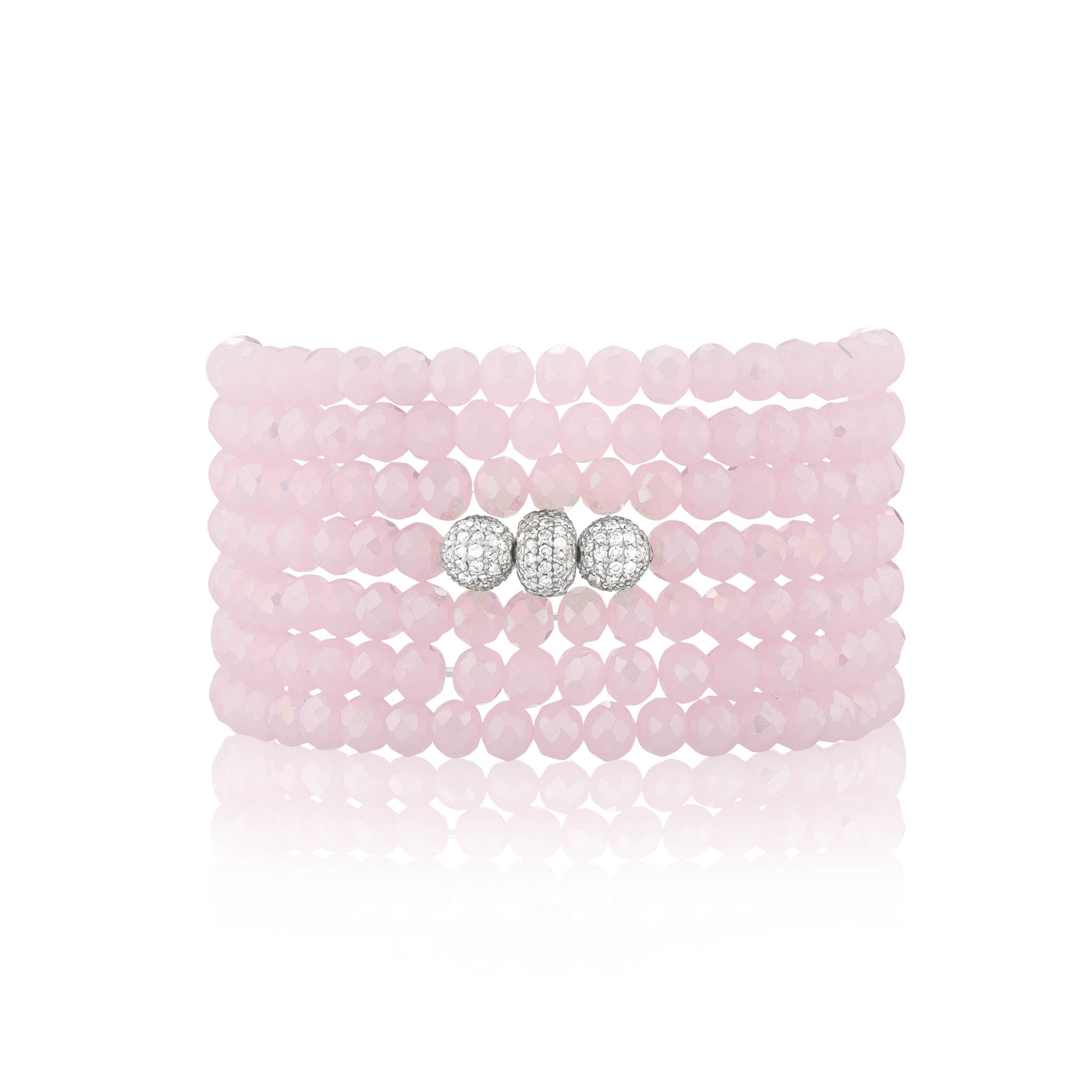 4mm Pink Crystal and White Gold Diamond Accent Seven Wrap Beaded Bracelet