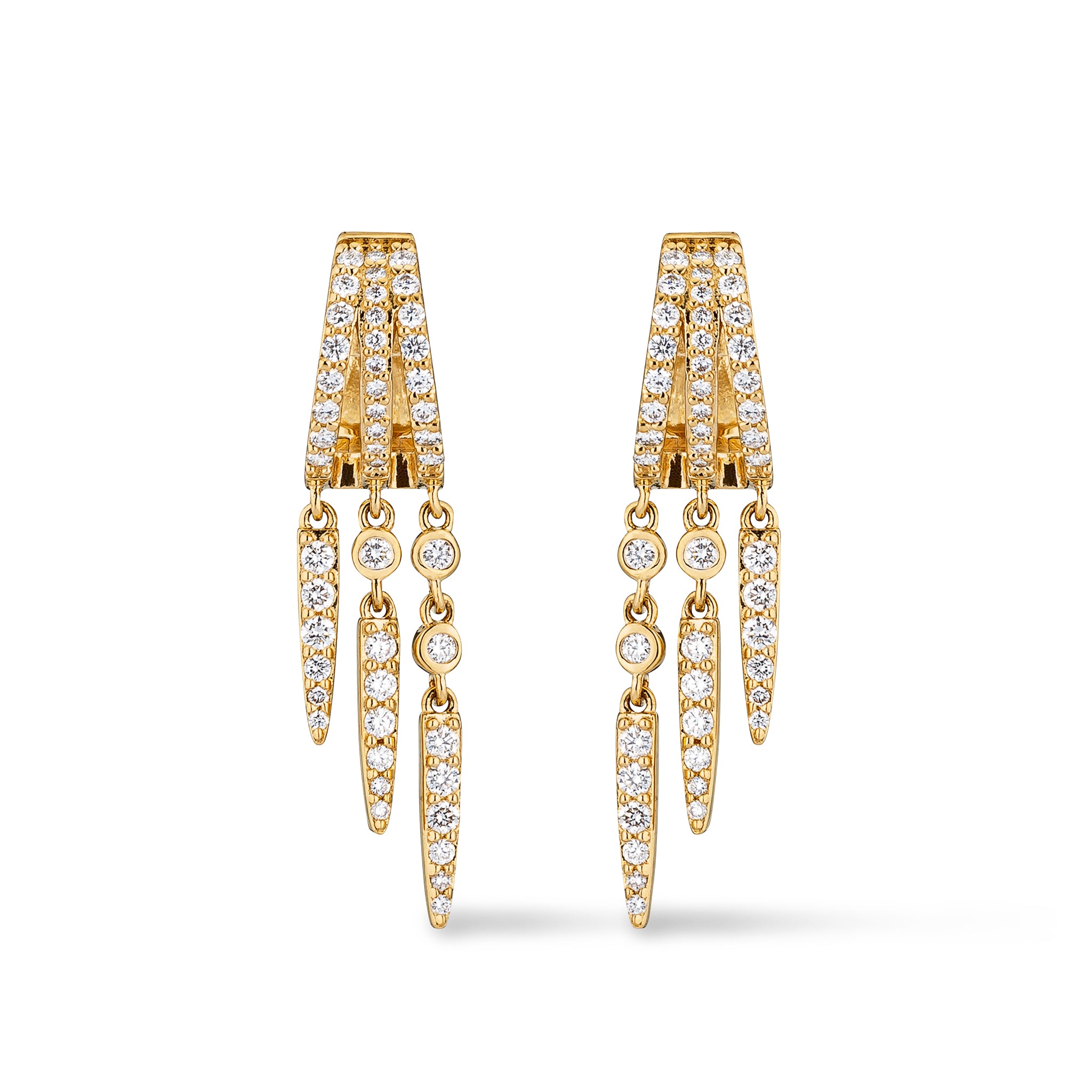 14 Karat Yellow Gold Diamond Triple Spike Medium Drop Huggie
