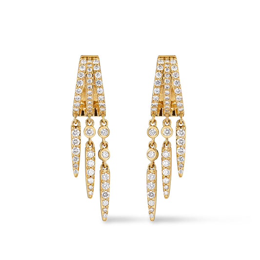 14 Karat Yellow Gold Diamond Triple Spike Medium Drop Huggie