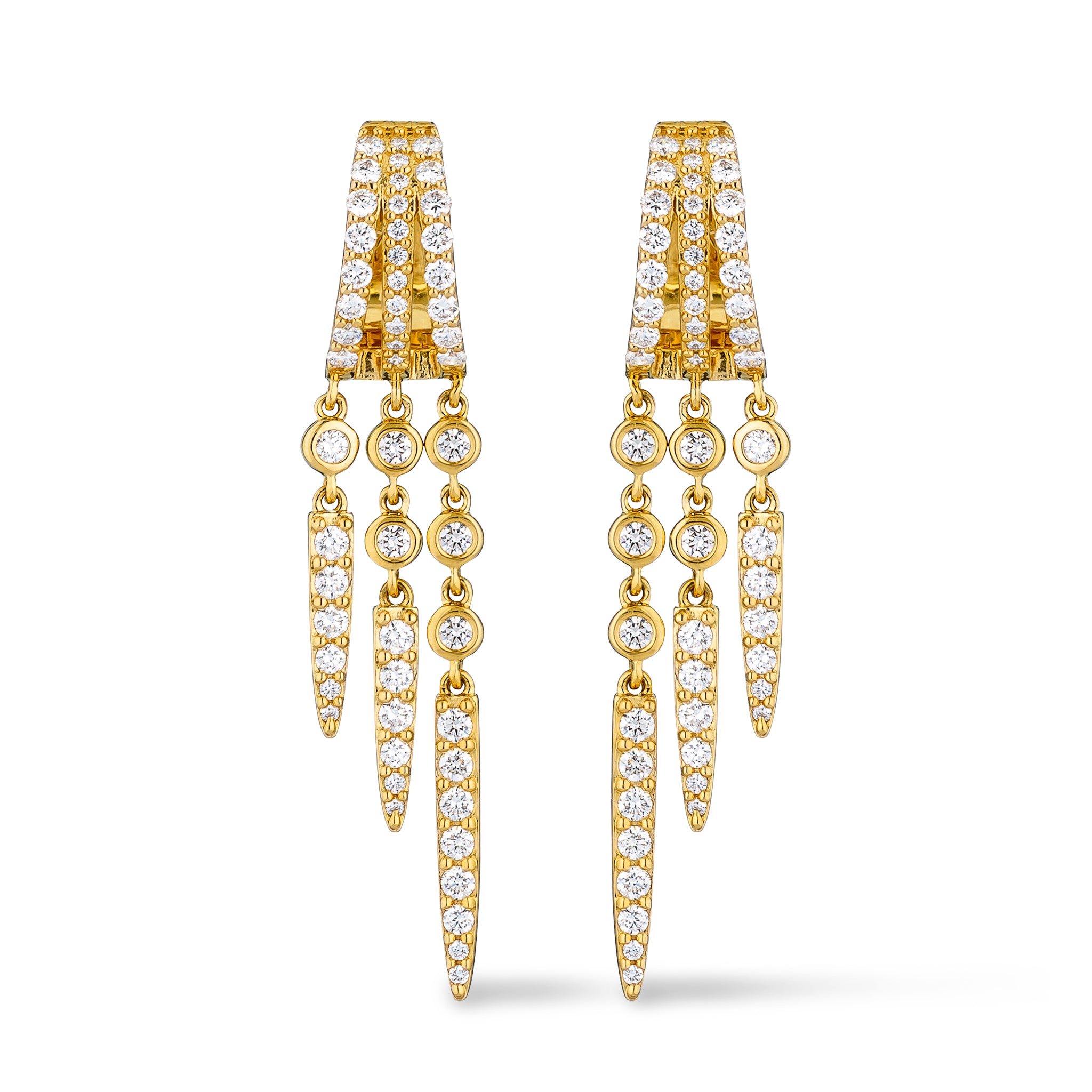 14 Karat Yellow Gold Diamond Triple Spike Large Drop Huggie