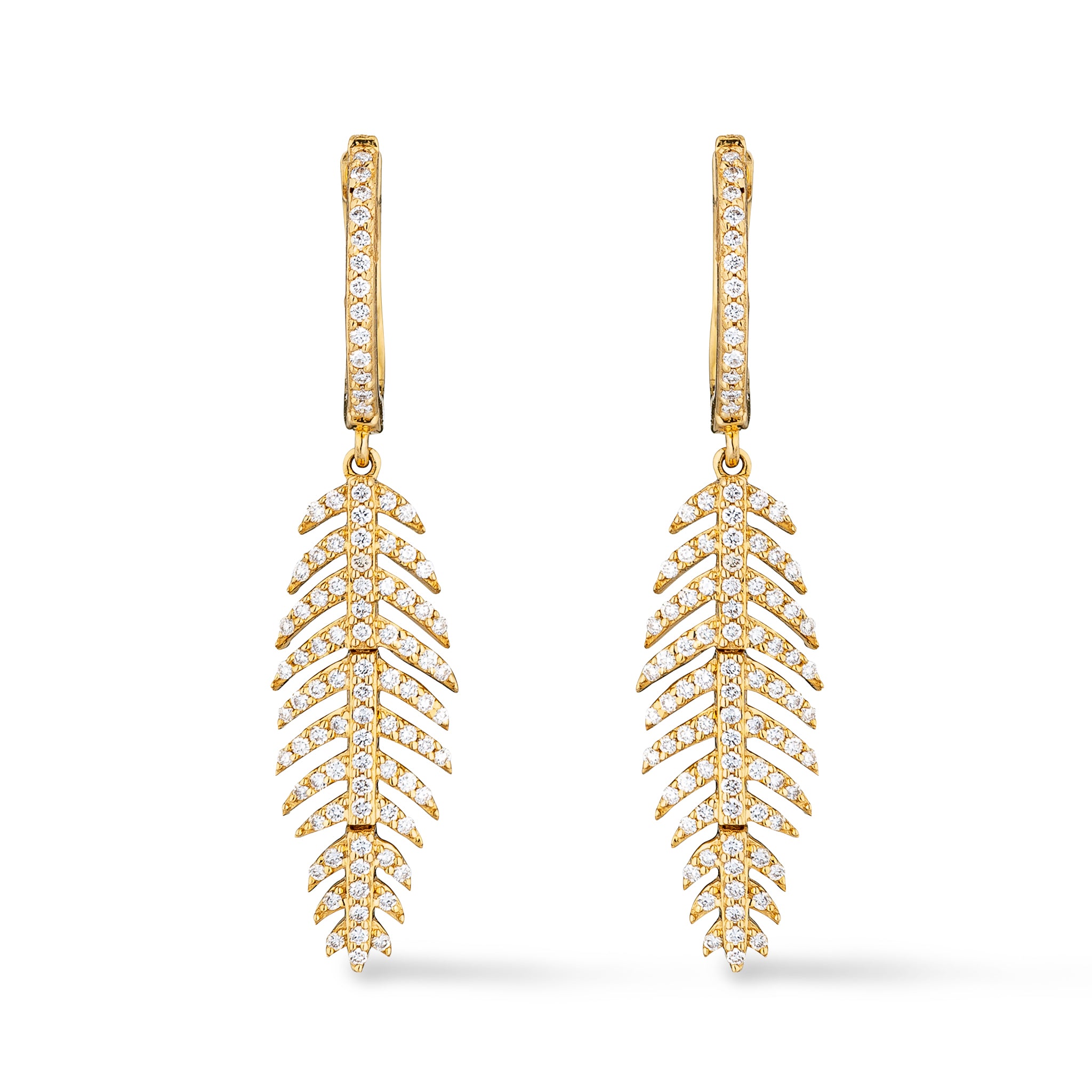 14 Karat Yellow Gold and Diamond Feather Earrings