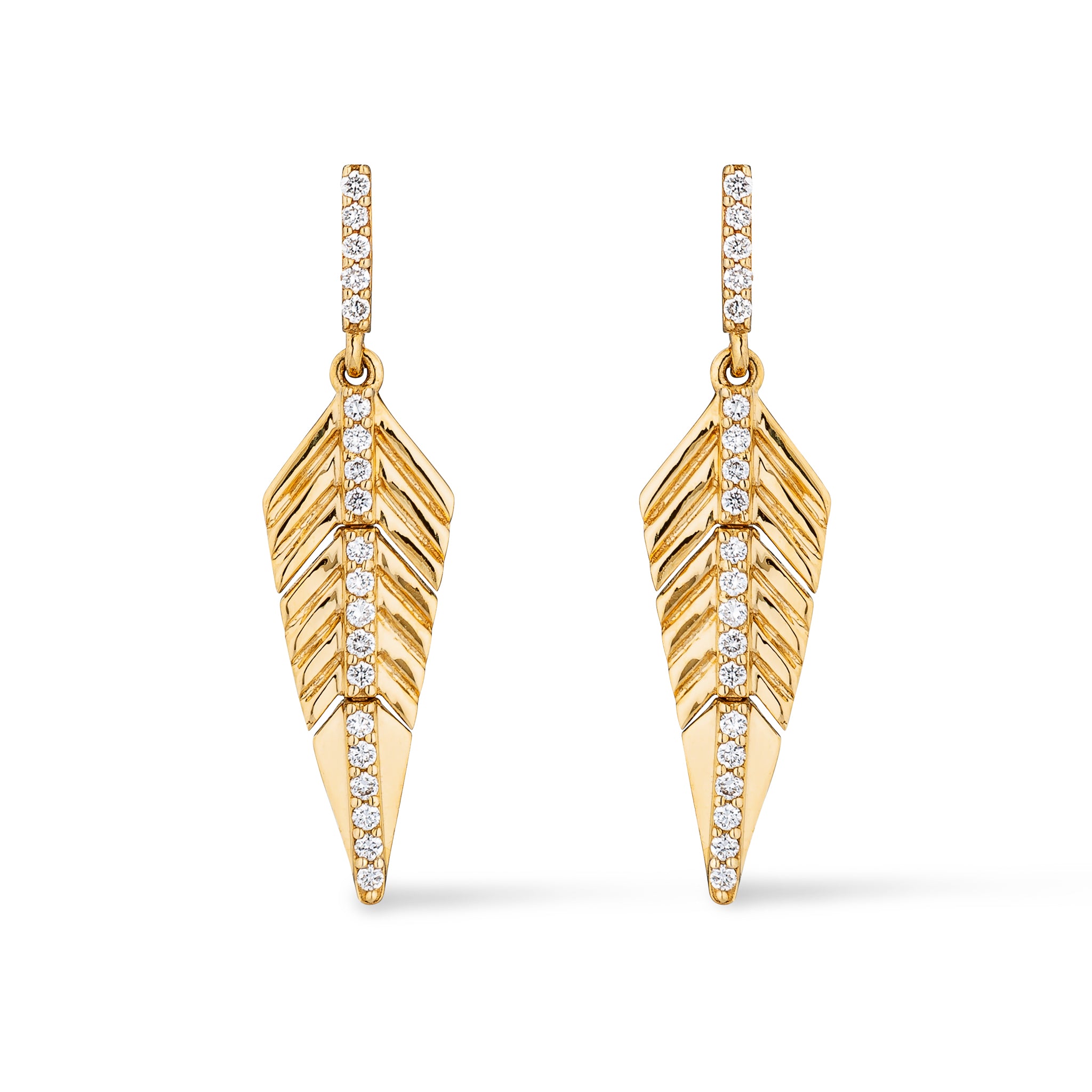 14 Karat Yellow Gold and Diamond Arrow Feather Earrings