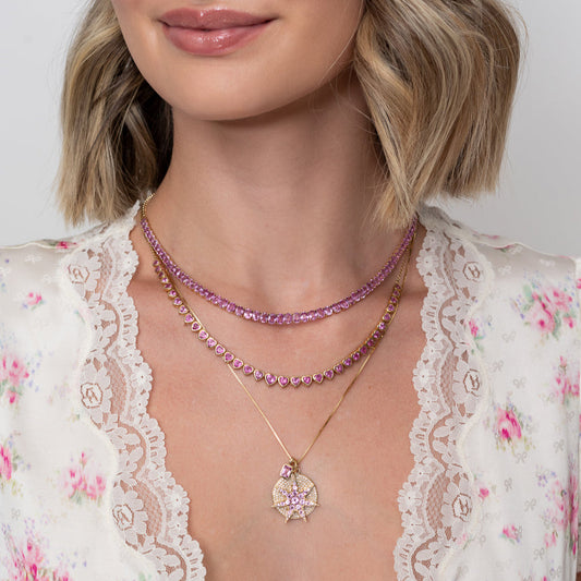14 Karat Yellow Gold Adjustable Pink Sapphire Heart Tennis Necklace 8.00cts 16.00"