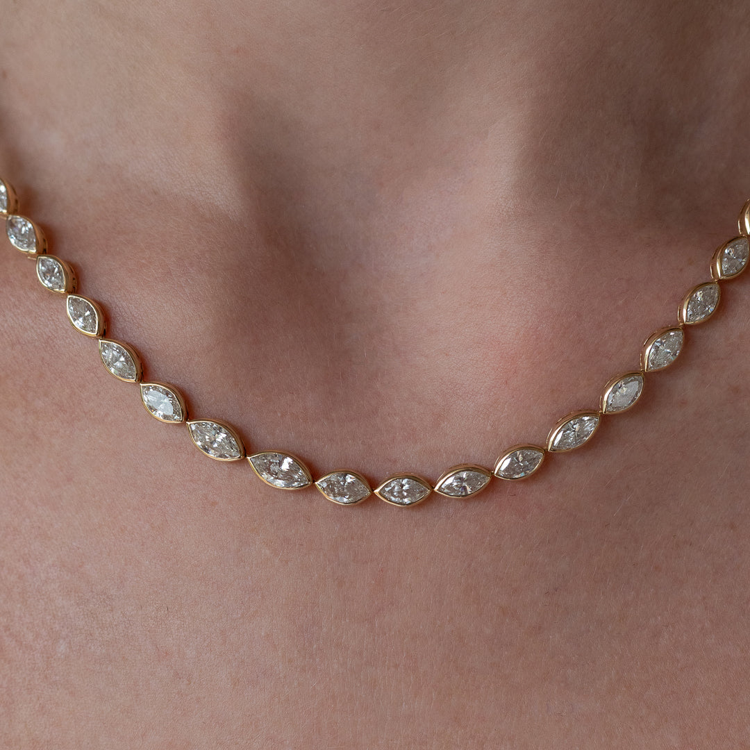 Yellow Gold Bezel Half Way 13.00cts Marquise Diamond Adjustable Tennis Necklace