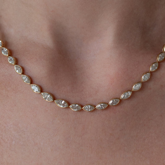 Yellow Gold Bezel Half Way 13.00cts Marquise Diamond Adjustable Tennis Necklace