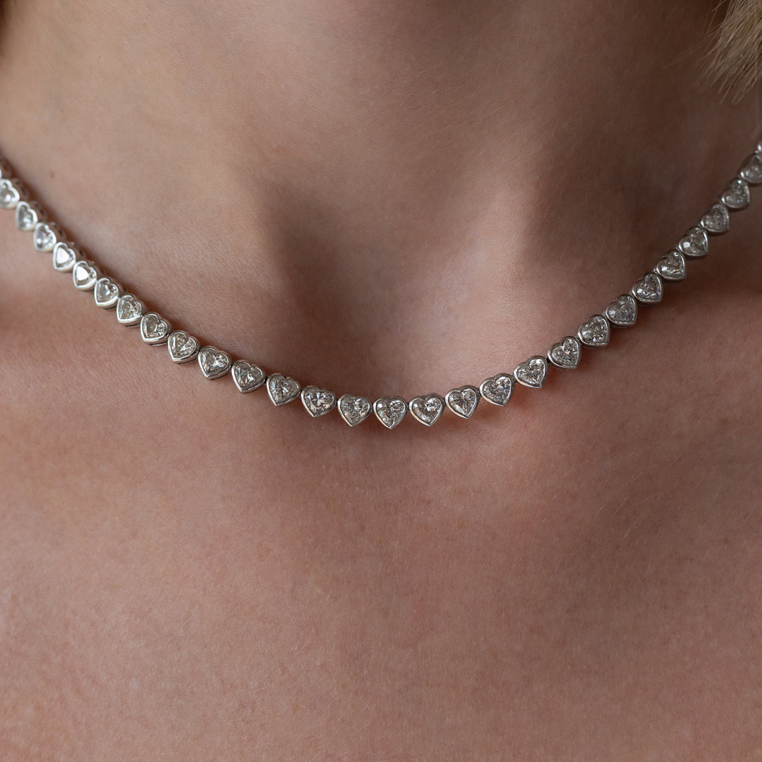 White Gold Bezel Set 10.00cts Full Cut Diamond Heart 17.00" Tennis Necklace