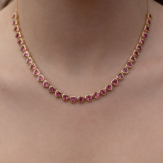 18 Karat Yellow Gold Adjustable Pink Tourmaline Heart Tennis Necklace 10.00cts 16.00"