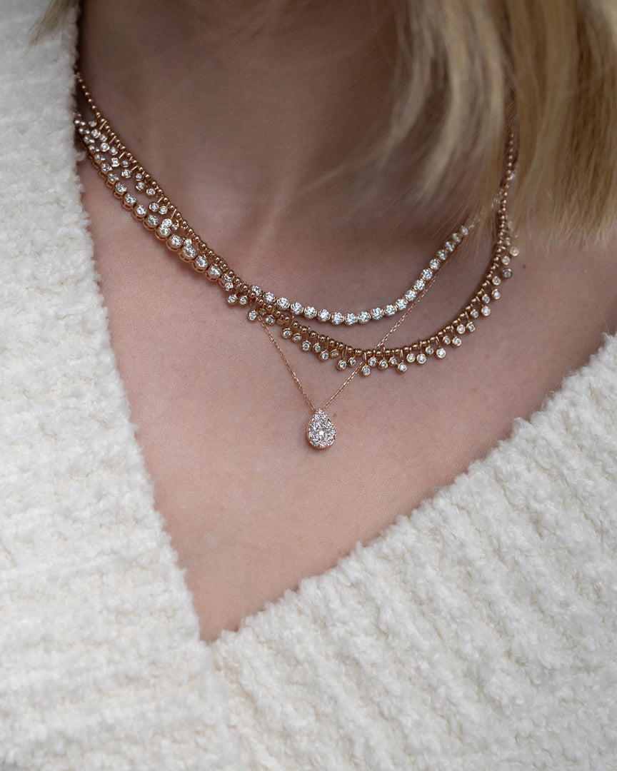 Rose Gold Half Bezel All The Way 13.00cts Round Diamond 17.00" Tennis Necklace