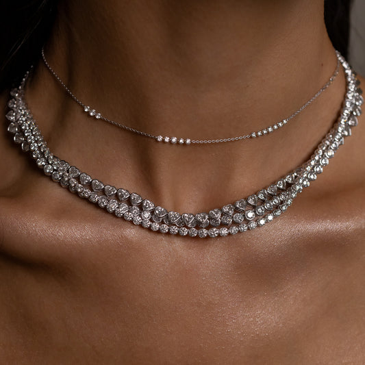 White Gold Bezel Set 10.00cts Full Cut Diamond Heart 17.00" Tennis Necklace