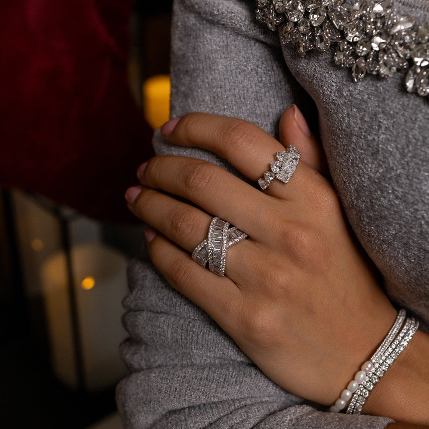 18 Karat White Gold Radiant and Heart Diamond Bypass Ring