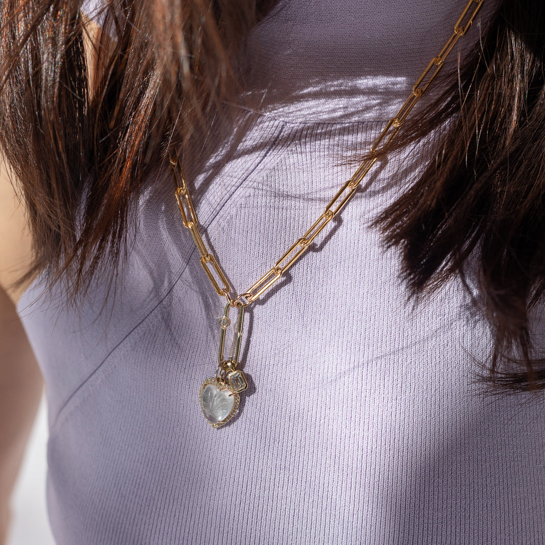 Yellow Gold Diamond and Sheer Quartz Chubby Heart Charm