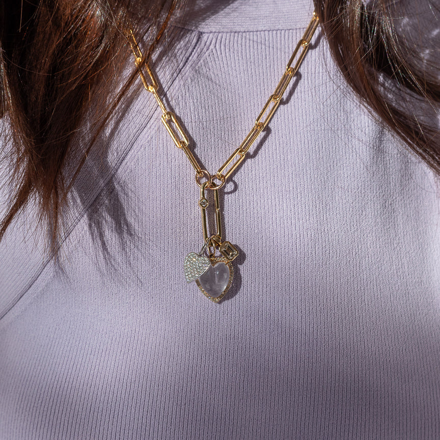 Yellow Gold Diamond and Sheer Quartz Chubby Heart Charm