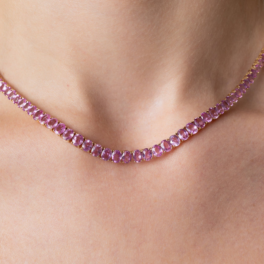 14 Karat Gold and Pink Sapphire 10.00cts Oval 16.00" Tennis Necklace