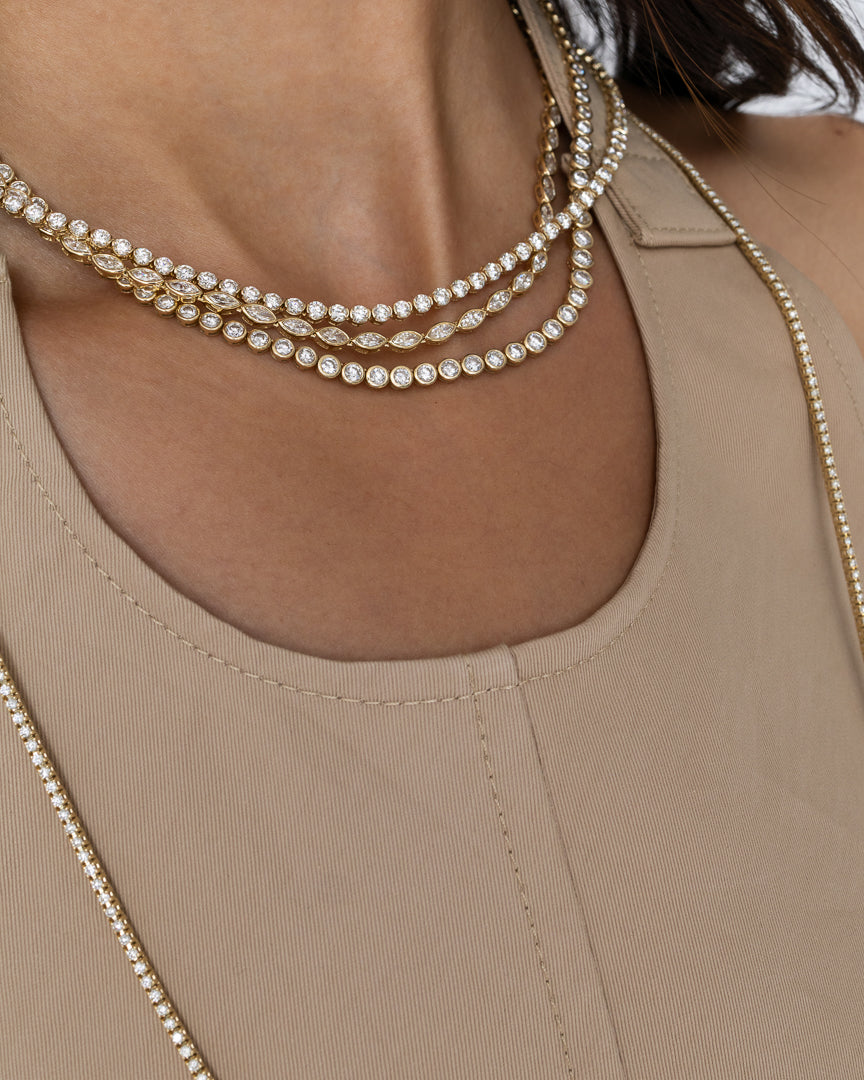 Yellow Gold Half Bezel All The Way 13.00cts Round Diamond 17.00" Tennis Necklace