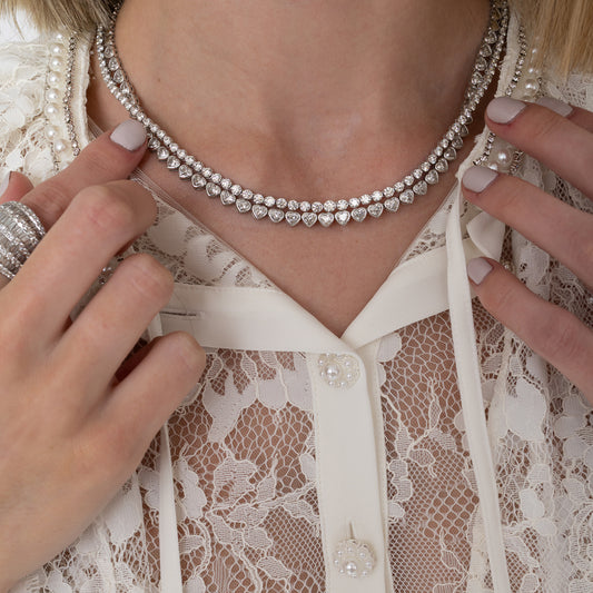 White Gold Bezel Set 10.00cts Full Cut Diamond Heart 17.00" Tennis Necklace