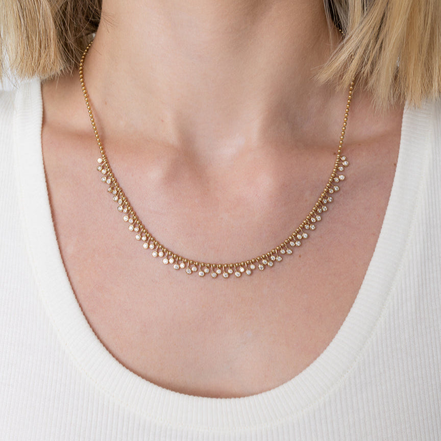 Yellow Gold Diamond Drop Bezel Ball Chain Necklace