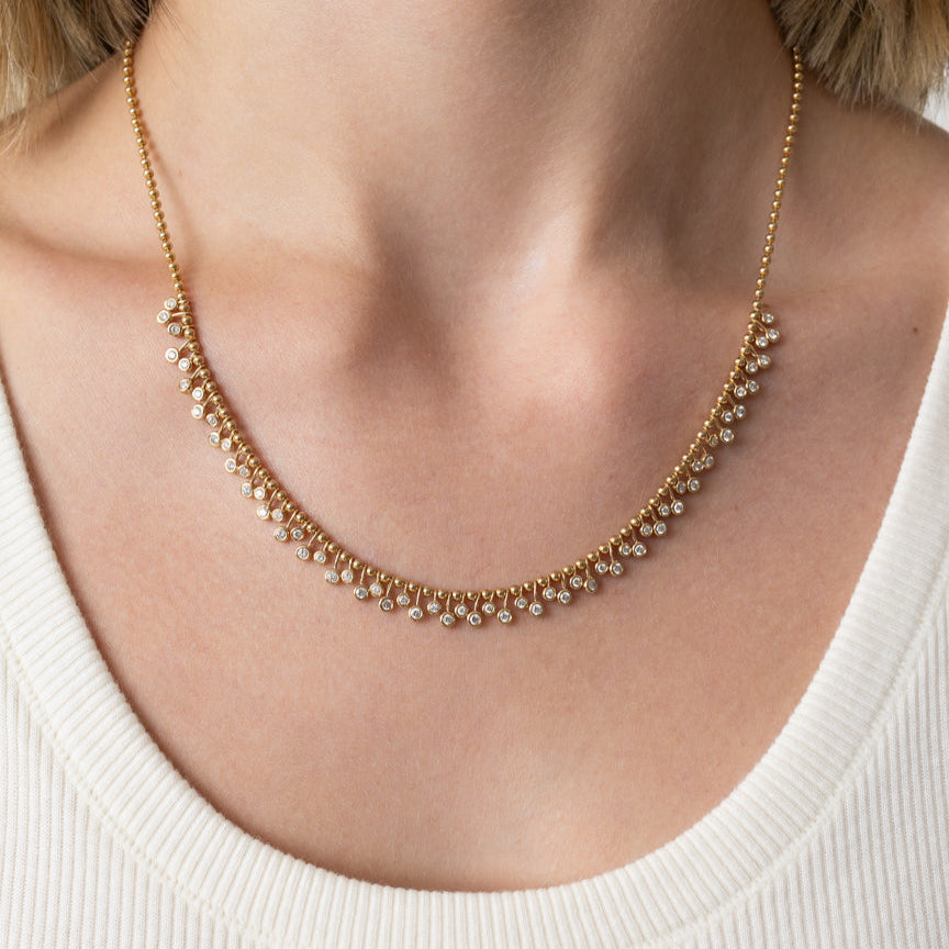 Yellow Gold Diamond Drop Bezel Ball Chain Necklace