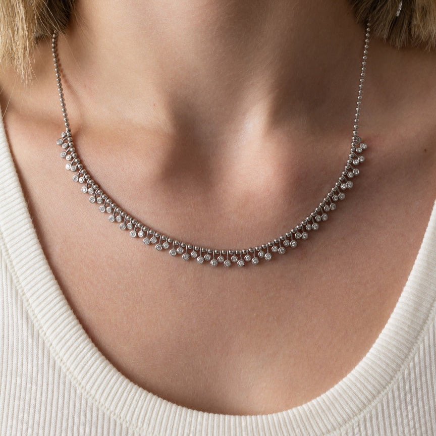 White Gold Diamond Drop Bezel Ball Chain Necklace