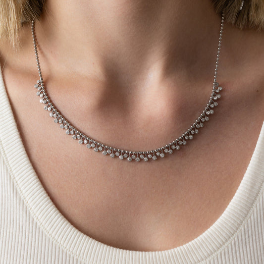 White Gold Diamond Drop Bezel Ball Chain Necklace