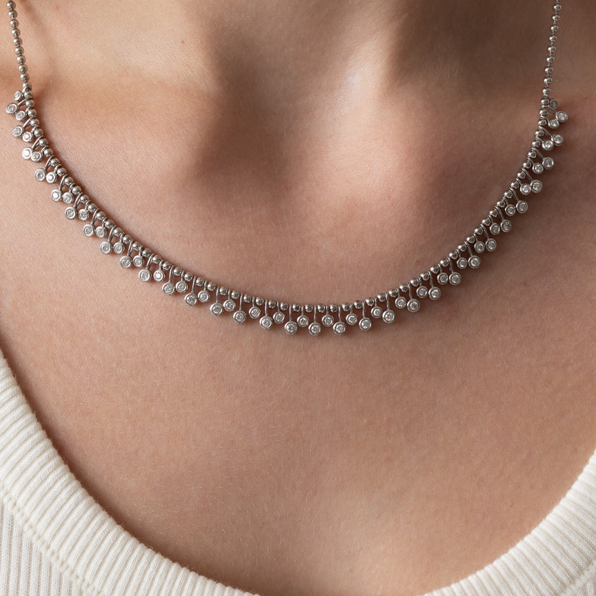 White Gold Diamond Drop Bezel Ball Chain Necklace