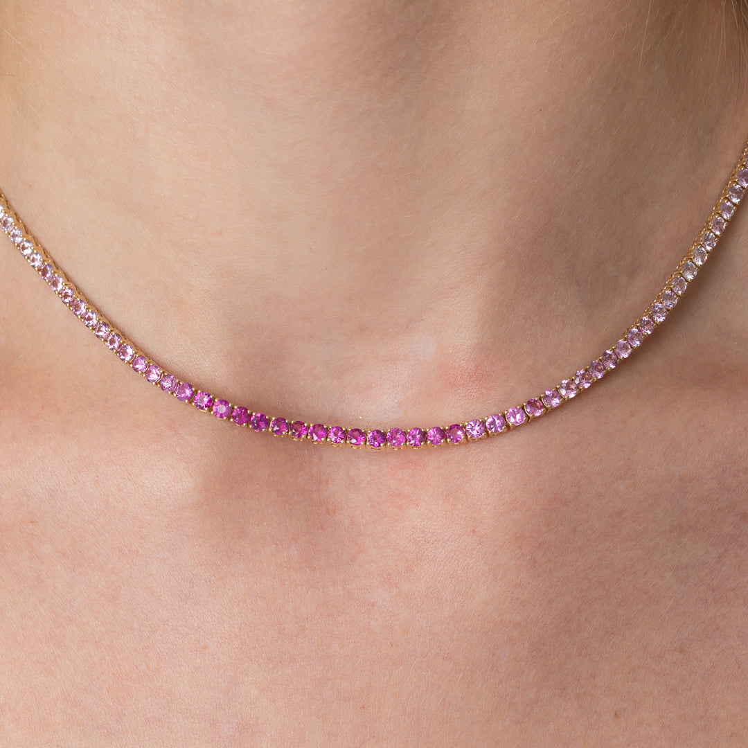 14 Karat Gold and Ombre Pink Sapphire 8.00cts Oval 16.00" Tennis Necklace