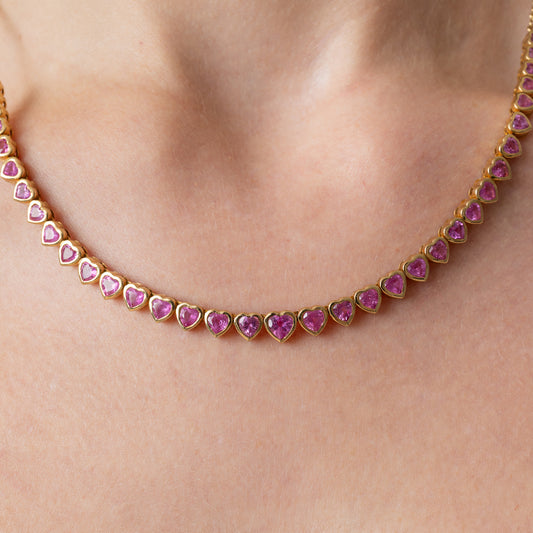 14 Karat Yellow Gold Adjustable Pink Sapphire Heart Tennis Necklace 8.00cts 16.00"