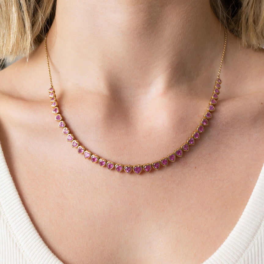14 Karat Yellow Gold Adjustable Pink Sapphire Heart Tennis Necklace 8.00cts 16.00"