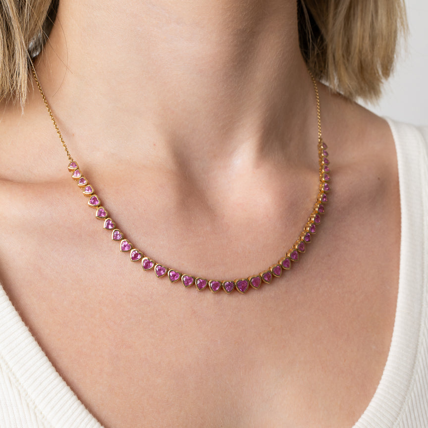 14 Karat Yellow Gold Adjustable Pink Sapphire Heart Tennis Necklace 8.00cts 16.00"