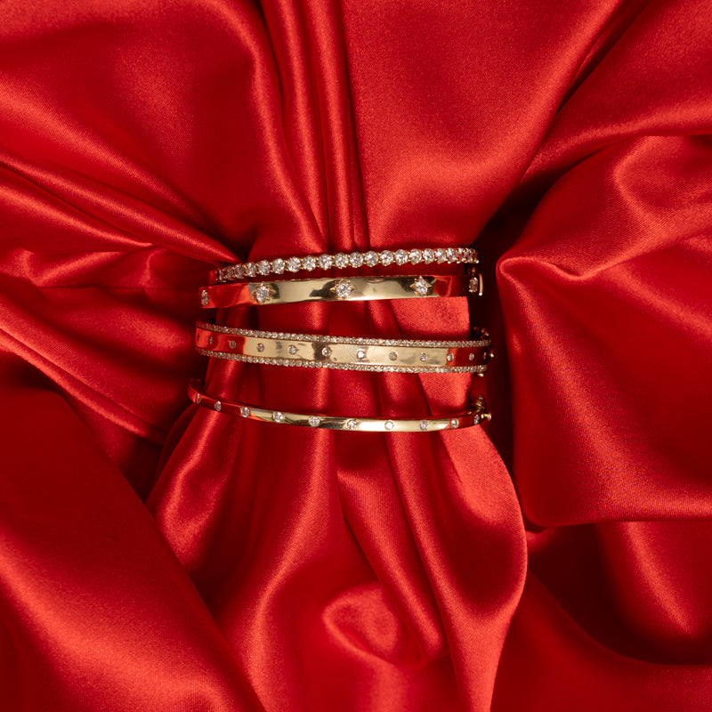 14 Karat Yellow Gold and Diamond Burst Hinge Bracelet