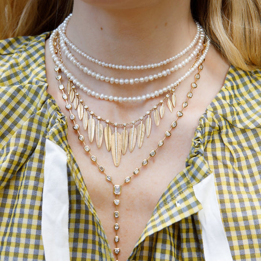 14 Karat Yellow Gold and Diamond Feather Large Drop Necklace