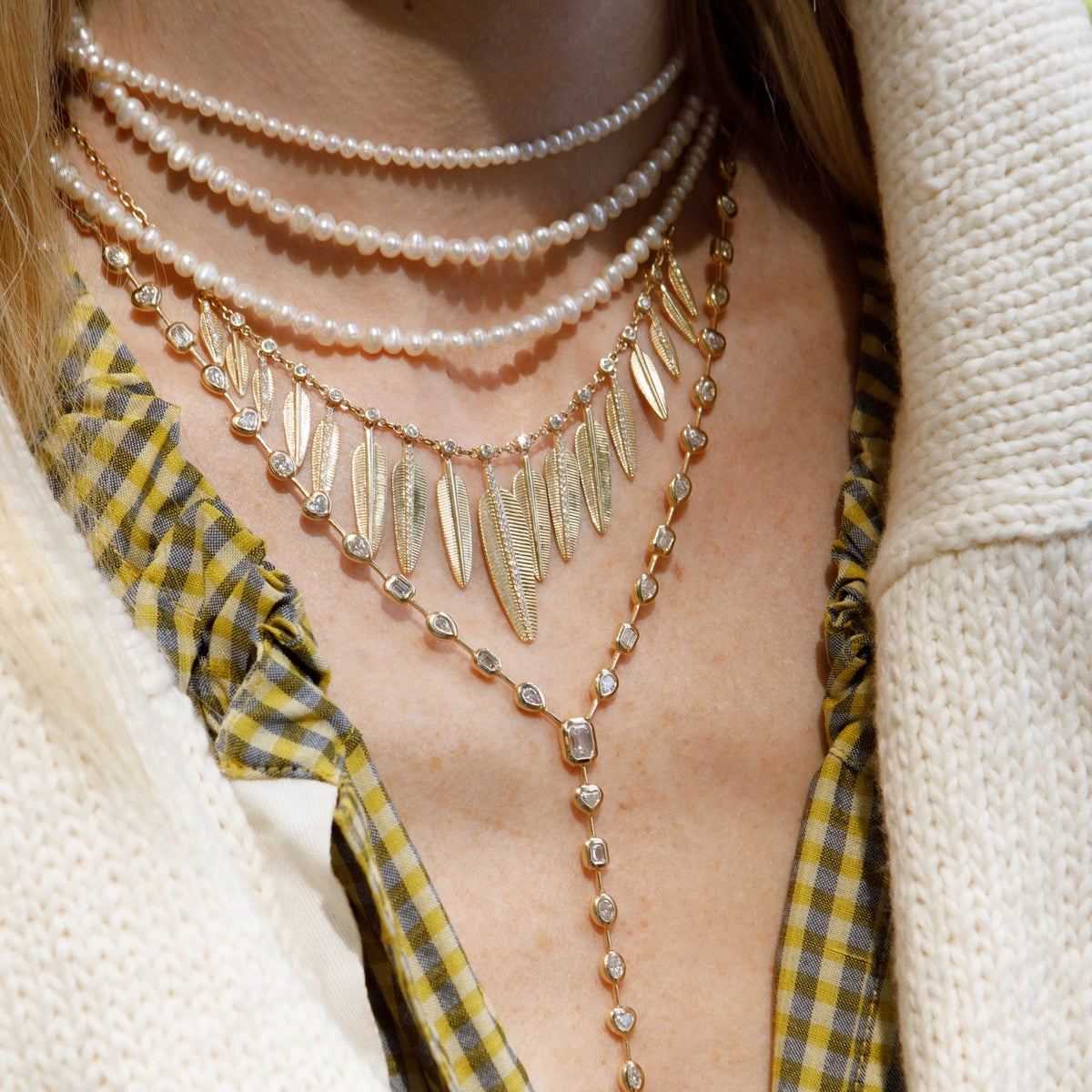 14 Karat Yellow Gold and Diamond Feather Large Drop Necklace