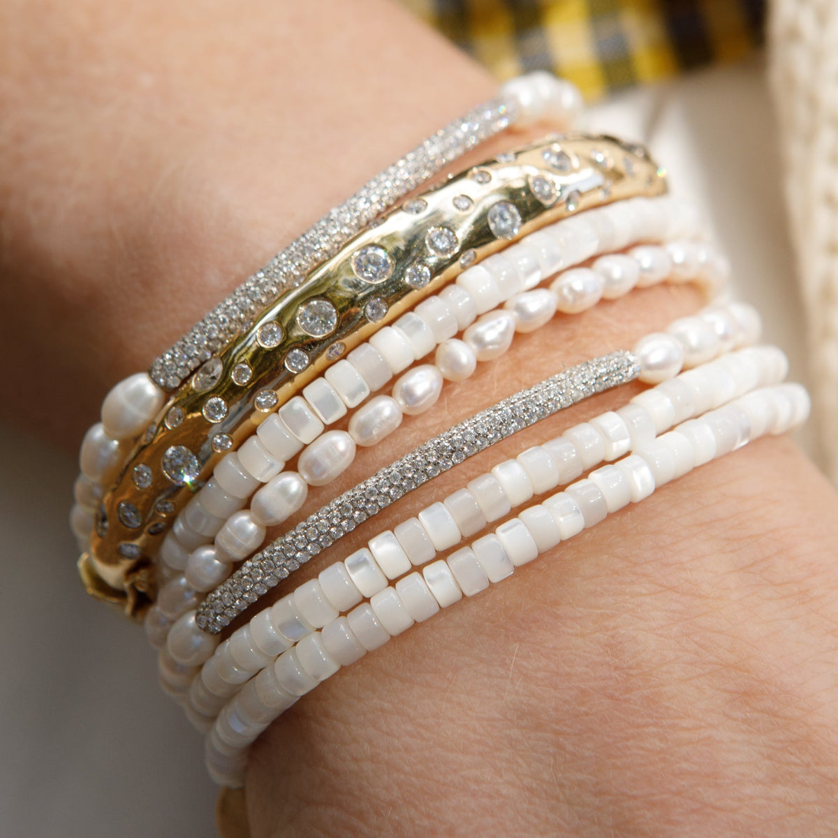 4mm Freshwater Pearl and 14 Karat White Gold Diamond Bar Beaded Bracelet