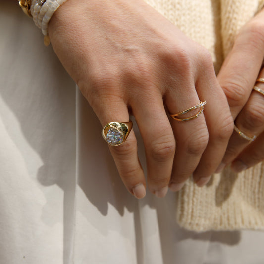 14 Karat Yellow Gold Moissanite Heart Signet Pinky Ring