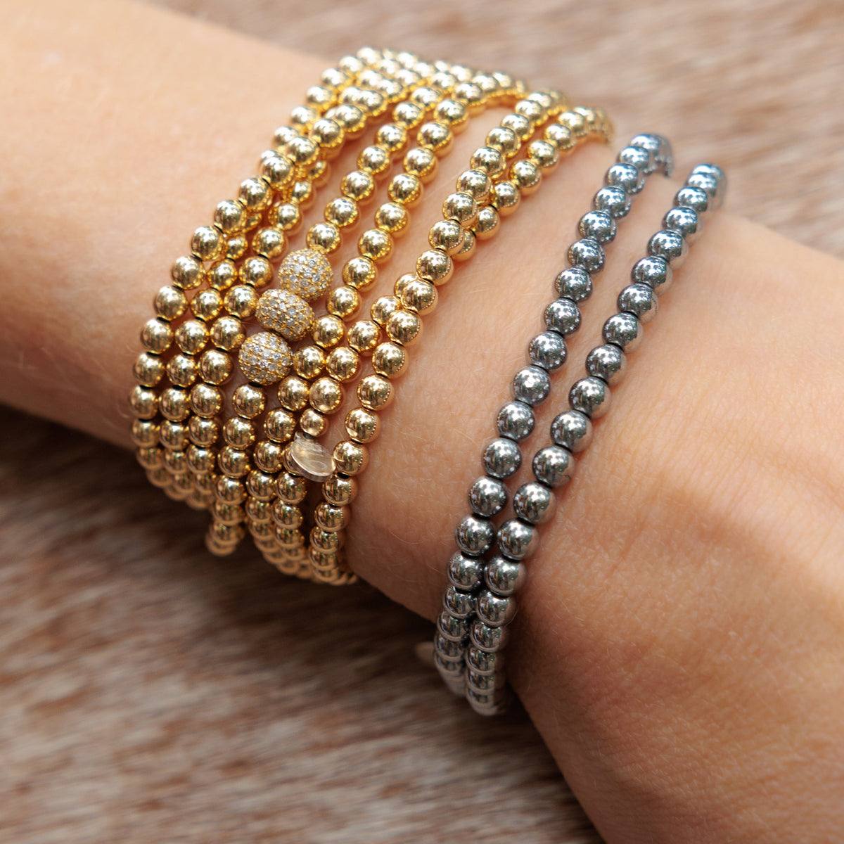 4mm Gold Filled Beads and Yellow Gold Diamond Accent Seven Wrap Bracelet